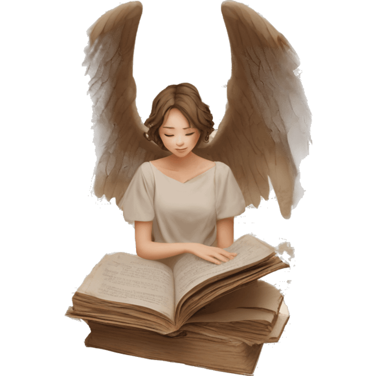 Library book bookworm academia aesthetic beige angel with broken wing damaged wing torn wing, made of newspaper cuttings and dried flowers brown flowers emoji