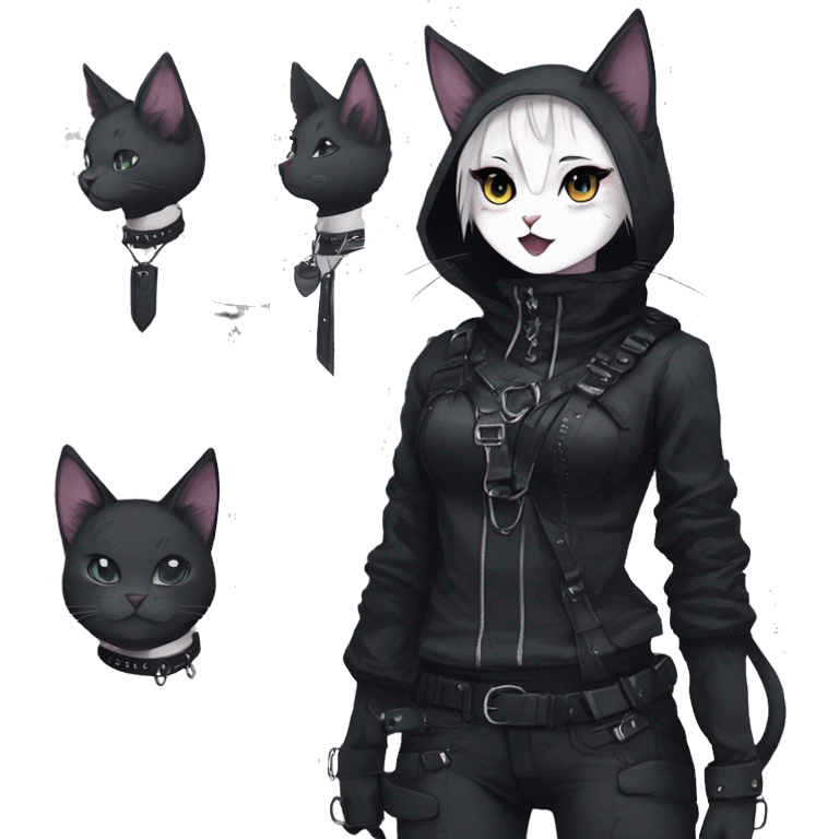 Gorgeous gothic dark techwear anime style anthro cat with blushing face aesthetic and pretty edgy black with collar and harness trending style emoji