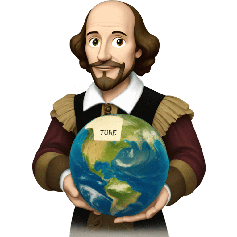 William Shakespeare holds the earth in his hands emoji