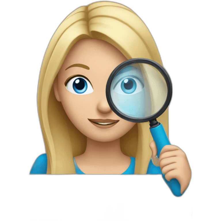 Blonde hair blue eyes woman looking at a laptop with a magnifying glass emoji