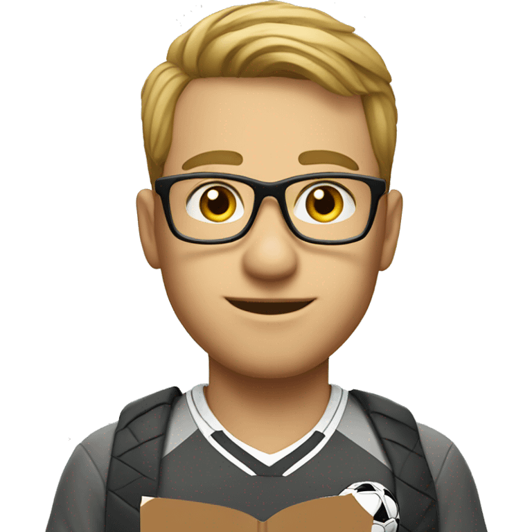 white young soccer coach with eyeglasses holding a notebook emoji