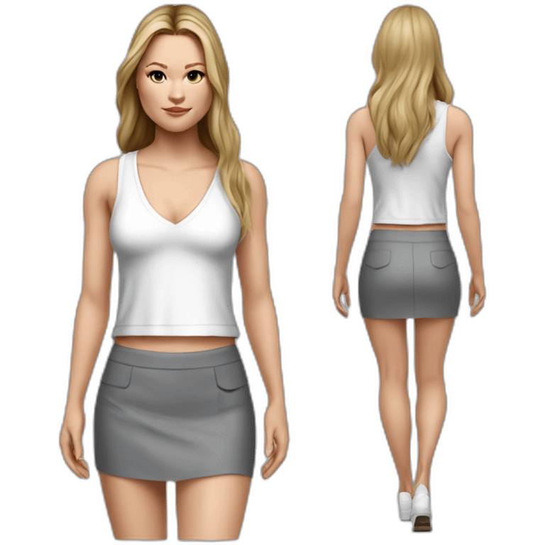 hyperrealistic julia stiles, long straight hair, white deep v-neck crop tanktop, gray tight mini skirt, walking body view emoji