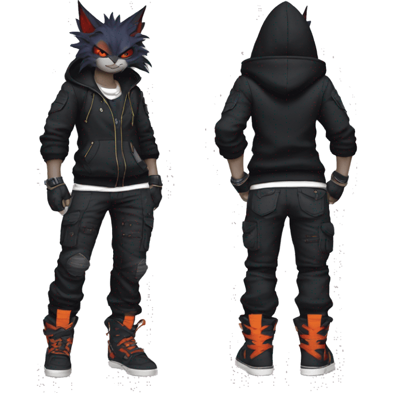 Cool Anthro Black Bat-Nargacuga-Litten-cat-Pokémon with edgy stripes hoodie spiked collar punk techwear Cargo Pants Full Body emoji