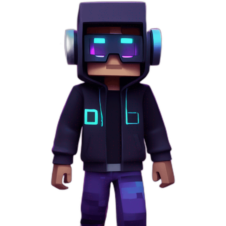 Minecraft steve wearing a black hoodie with "OMG" letters on it and VR headset in a cyberpunk VR environment with violet neon lighting. emoji