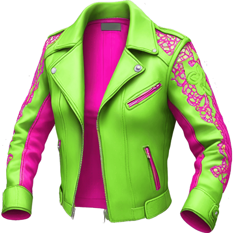 Realistic isolated side view of an open lime green fashion leather jacket with hot pink lace. emoji