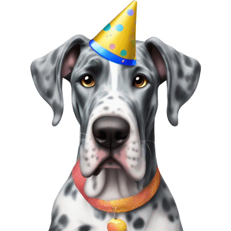 Blue Merle Great Dane wearing party hat emoji