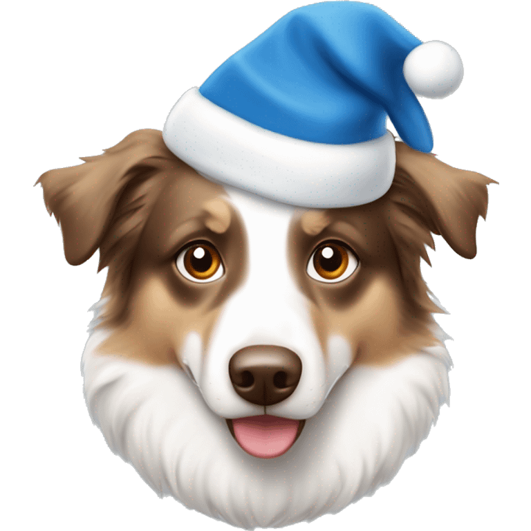 White and light brown Australian shepherd with one brown eye and one blue eye in a Christmas hat emoji