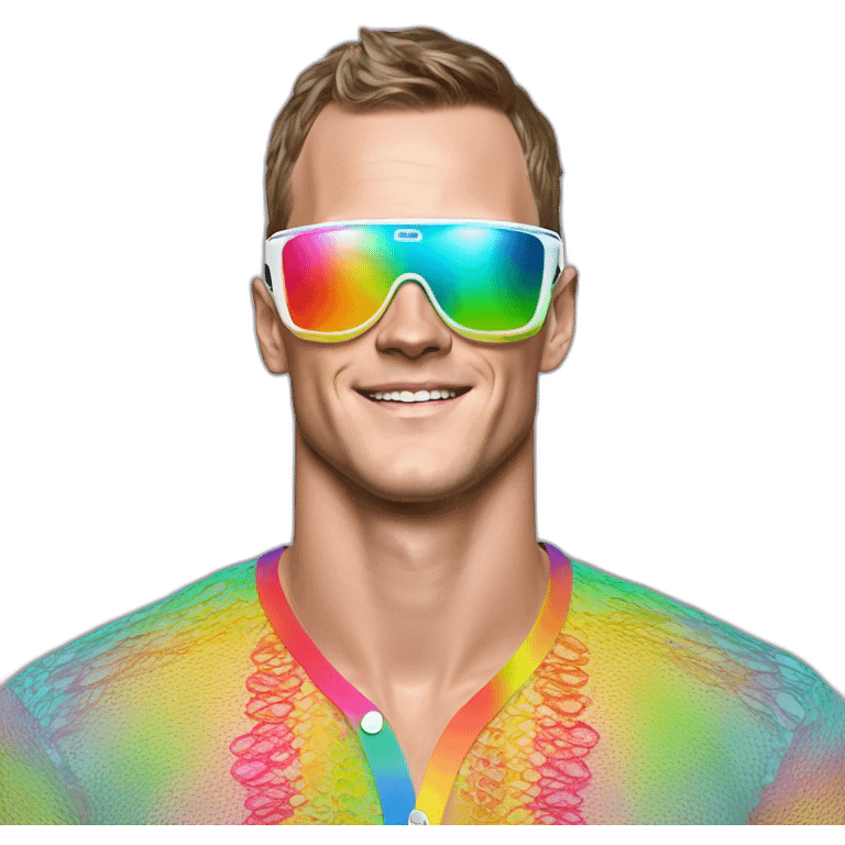 Fancy disco Jonathan Toews wearing rainbow lace shirt and wearing VR glasses emoji