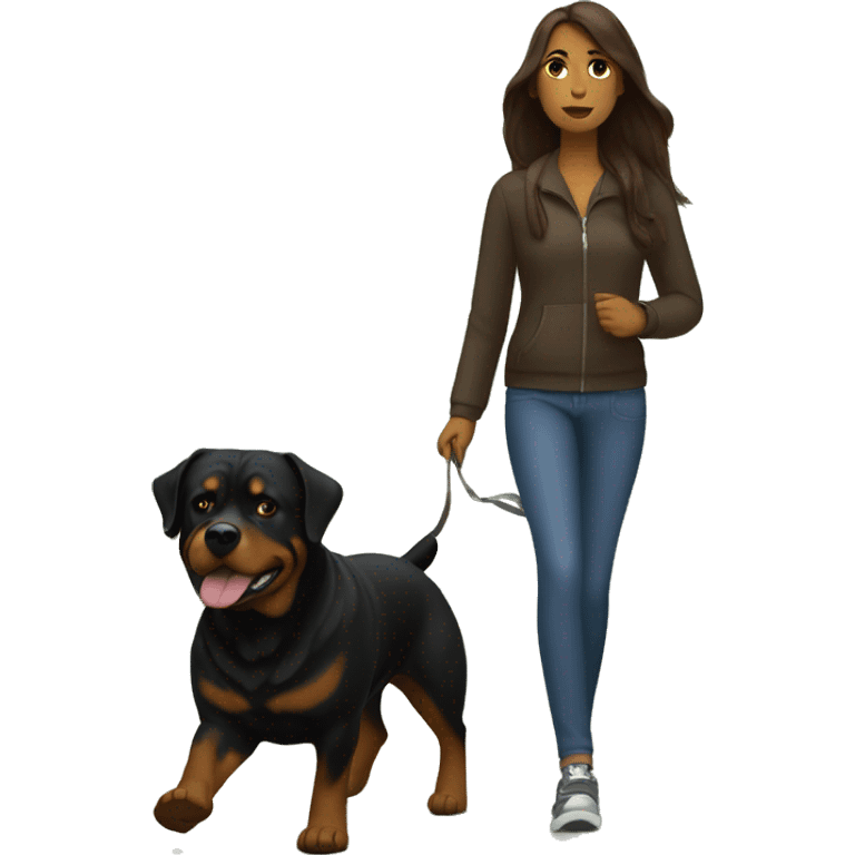 A woman with long brown hair takes a Rottweiler for a walk  emoji