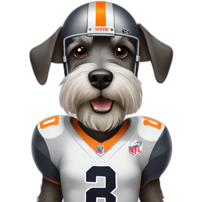 A dog schnauzer wearing football pads and  a helmet of the Bears emoji