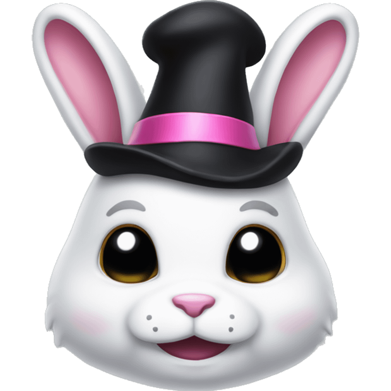 white rabbit similar to My Melody with a black devil's tail, wearing a black jester's hat that features a pink skull clip at the center of her forehead emoji