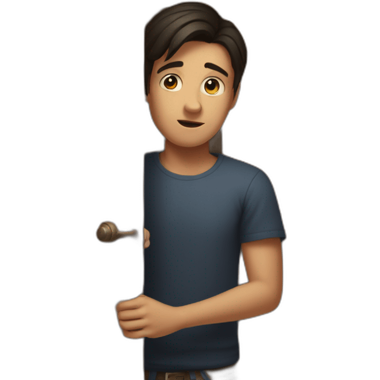 young dark-haired man struggling to close a wooden door emoji