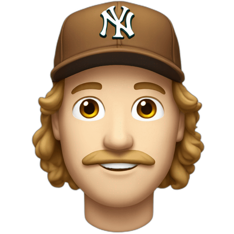 white man with brown long hair and ny baseball cap and mustache emoji