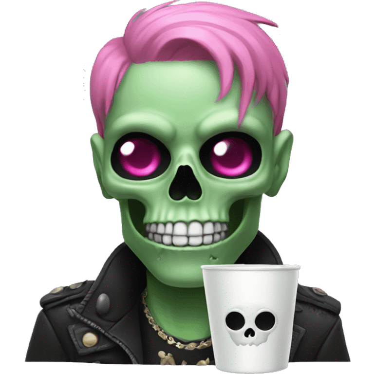 Black skull with green hair pink eyes and a cup on the nose emoji