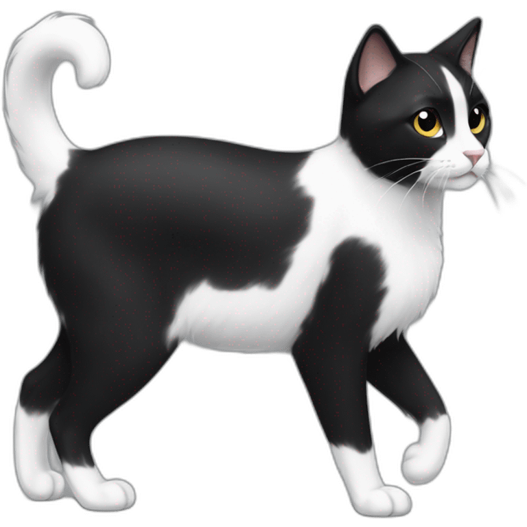 black and white cat walking profile whole body black, whispy fur on tip of ears, white paws and black legs, black tail, black neck, white chest and stomach emoji