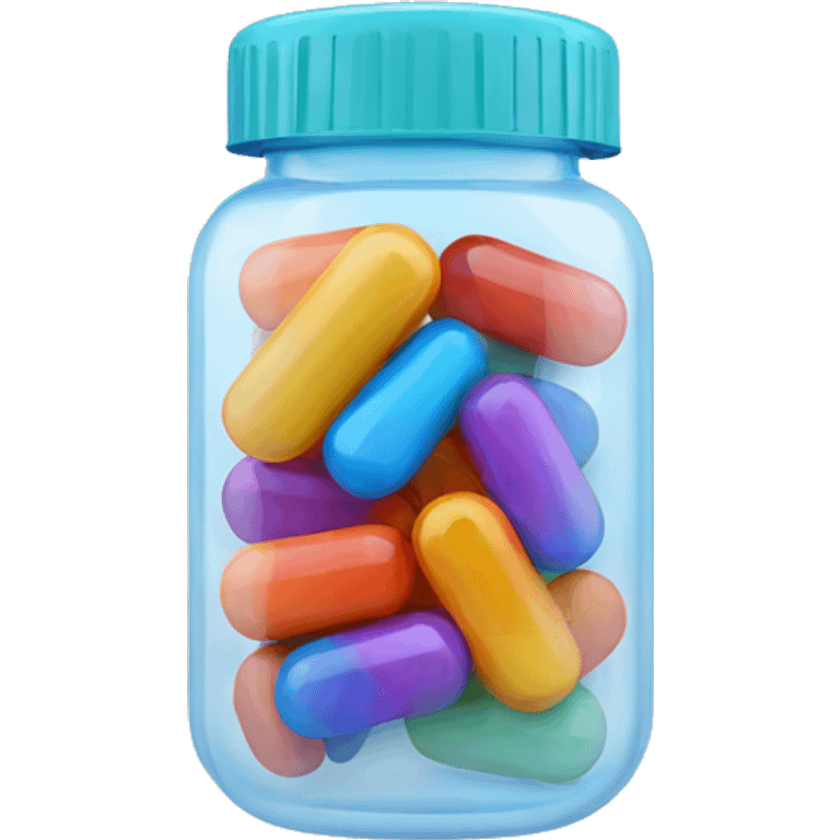 Small translucent plastic container with colorful pills inside emoji