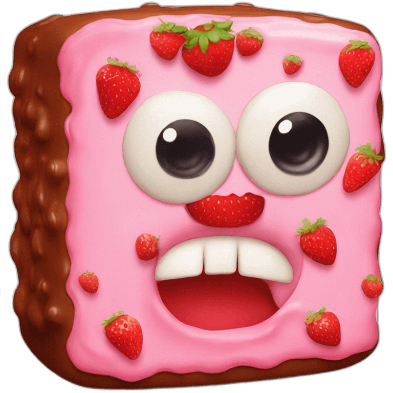 square cake with two strawberry eyes one bigger than the other, a mouth with frosting above it emoji