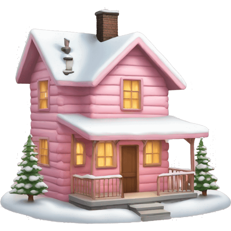 light pink cabin with snow with lights with smoking chimney and pink christmas tree emoji