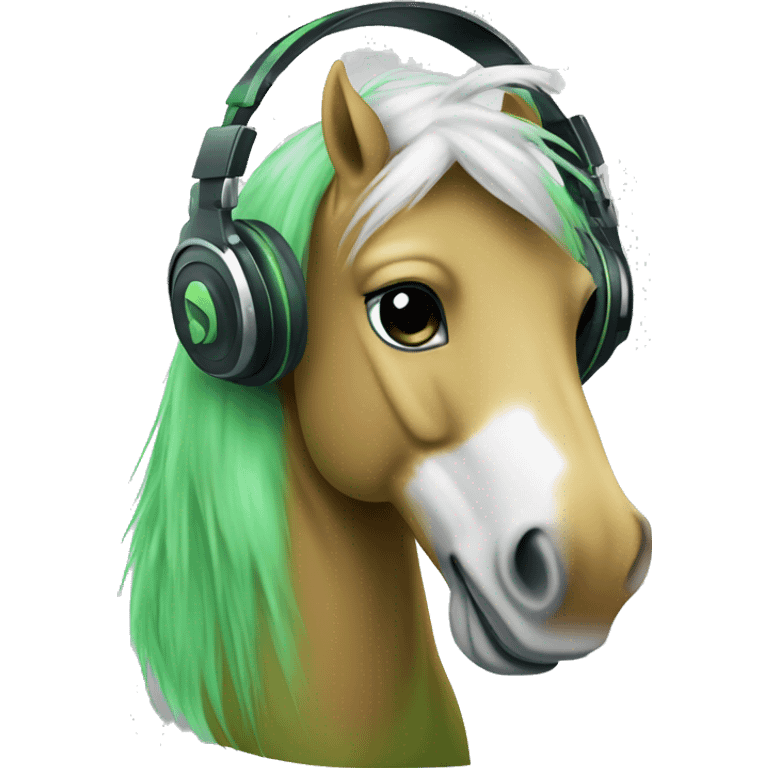 emoji of a green hobby horse with white hair, and dj headphones on. it’s face is made of combination of laughing emoji and kissing emoji  emoji