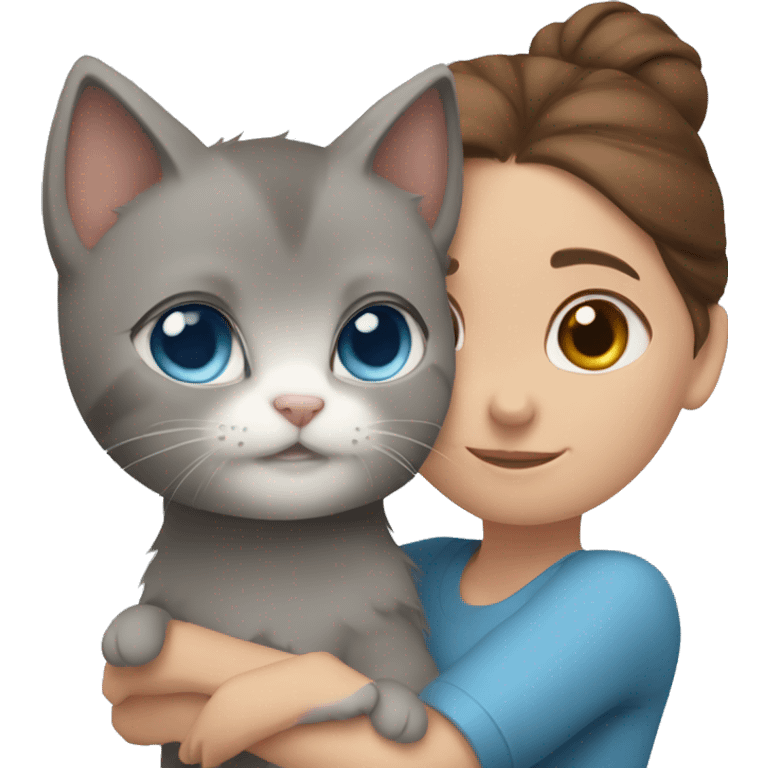 blue eyes grey kitten and brown hair girl hugs emoji