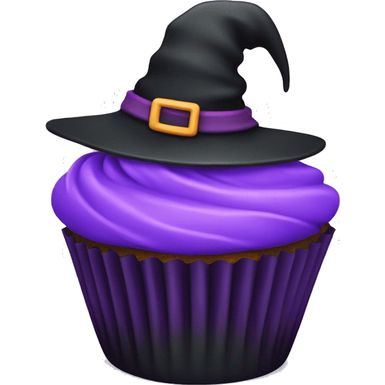 black and purple cupcake with a witch hat emoji