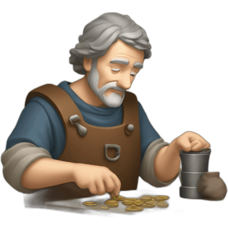 old and experienced coin engraver yielding a coin, medieval age emoji