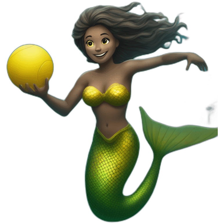 Underwater bold man mermaid swimming, holding a small yellow ball, winning enthousiasm emoji