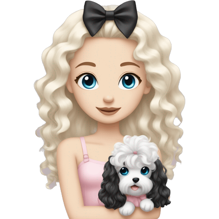 pale blonde girl with long platinum white wavy hair with blue eyes and wearing a light pink hair bow holding a black and white curly haired puppy also wearing a hair bow emoji