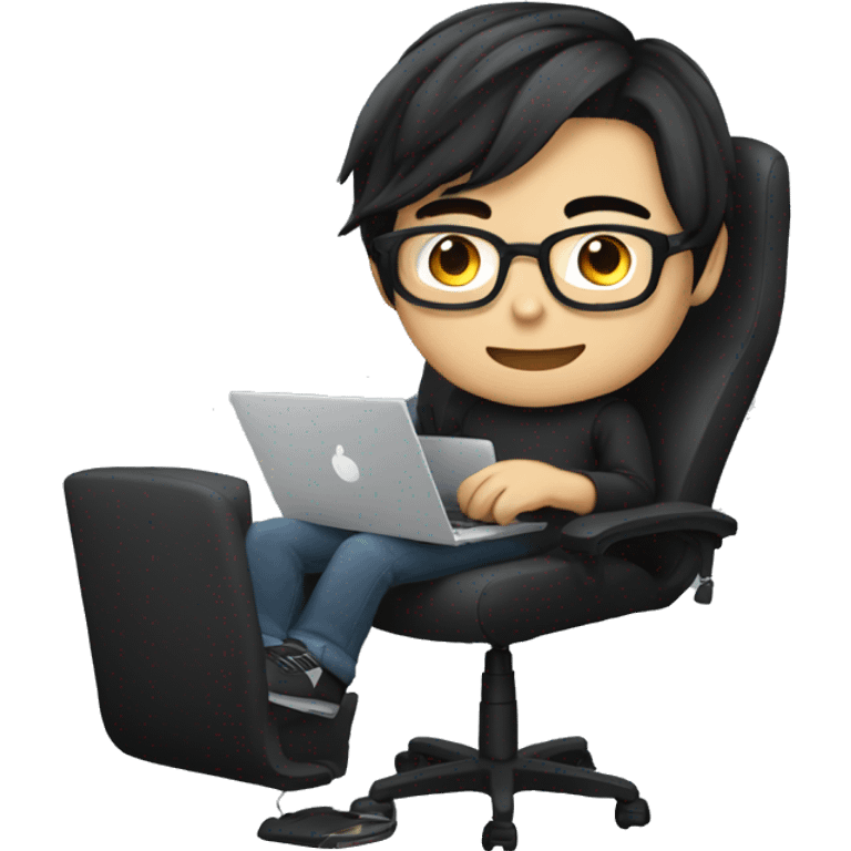 asian boy with glasses, long straight hair, wearing black clothes , working on his laptop seating on a gaming chair emoji