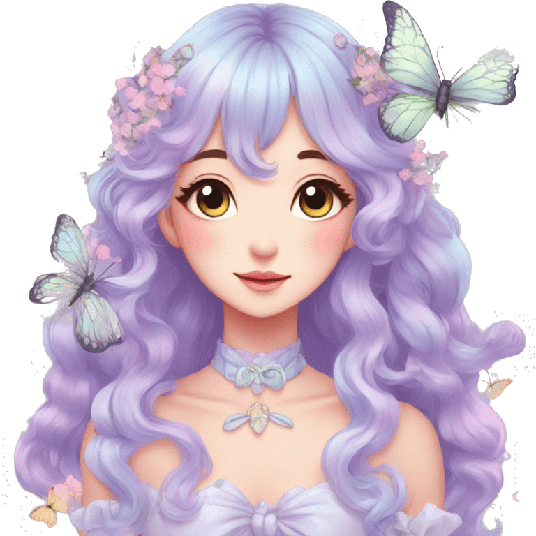 gorgeous anime pastel lady with butterflies and beautiful hair fairycore cottagecore emoji