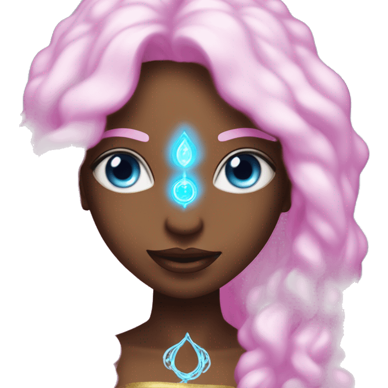 magical diva with thin pink andromedan skin long hair and blue eyes glowing third eye emoji