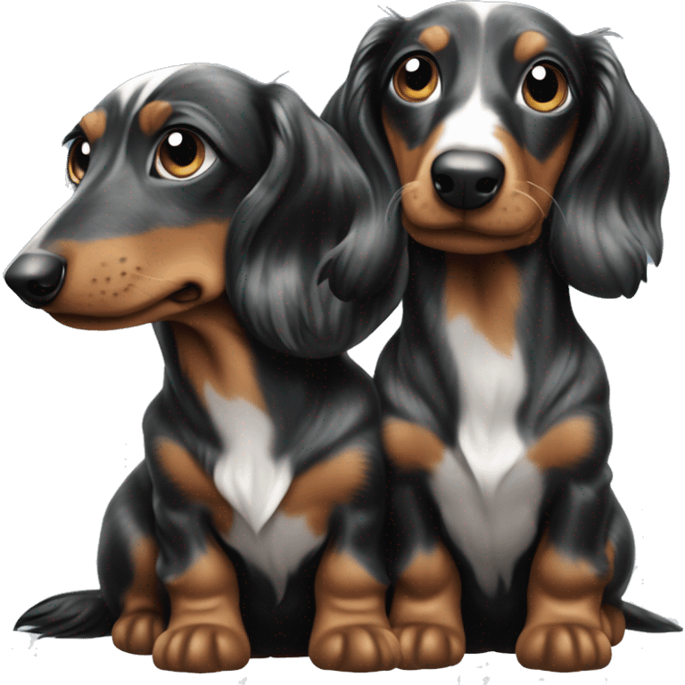 Two identical tri black merle long hair dachshunds together  emoji