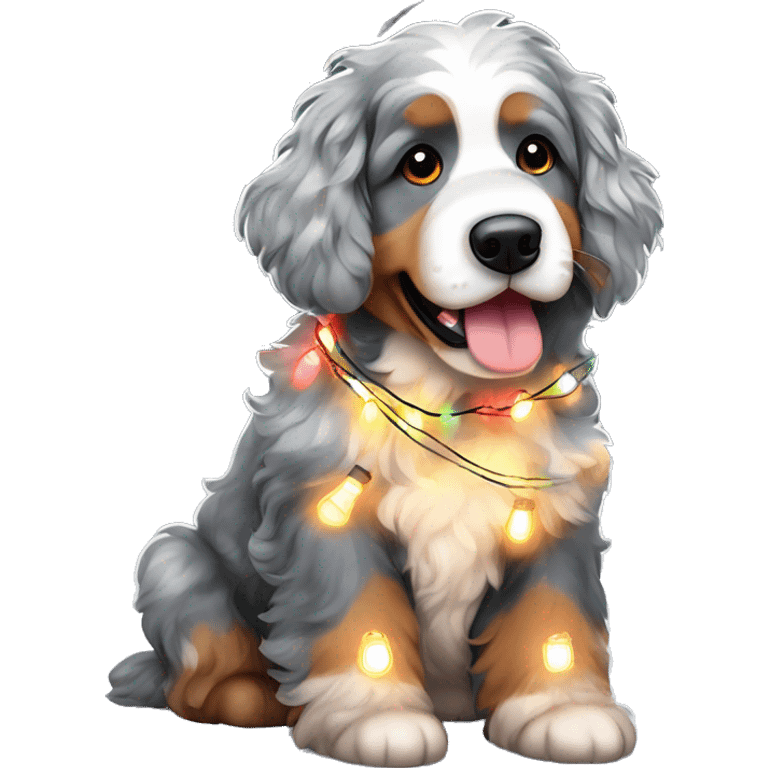 Merle bernedoodle with Christmas lights wrapped around them  emoji