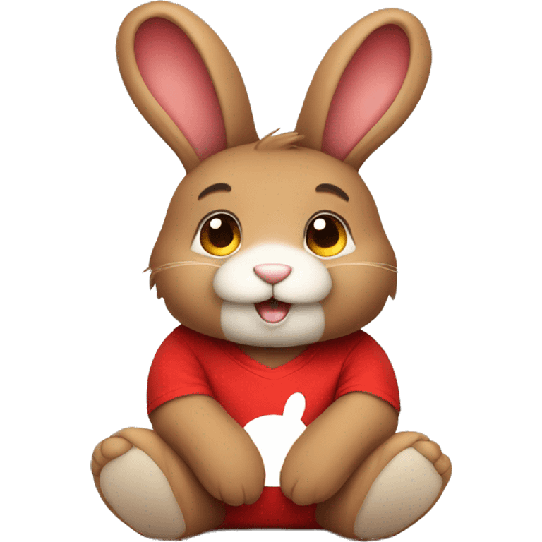 Cute Fluffy brown bunny rabbit teddy wearing red tshirt sitting  emoji