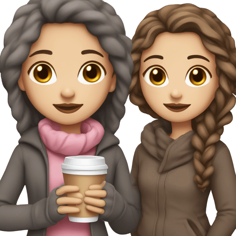 Girl with brown hair with dark gray highlights, fair skin, long beautiful hair, soft pink lips, brown eyes, drinking coffee and wearing winter clothes eting cake , white girl emoji