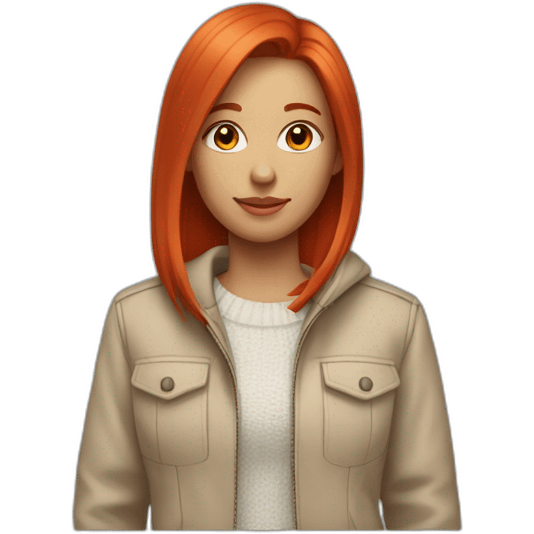 a girl with bright red straight hair of medium length, wearing a beige classic jacket, a white sweater and jeans emoji