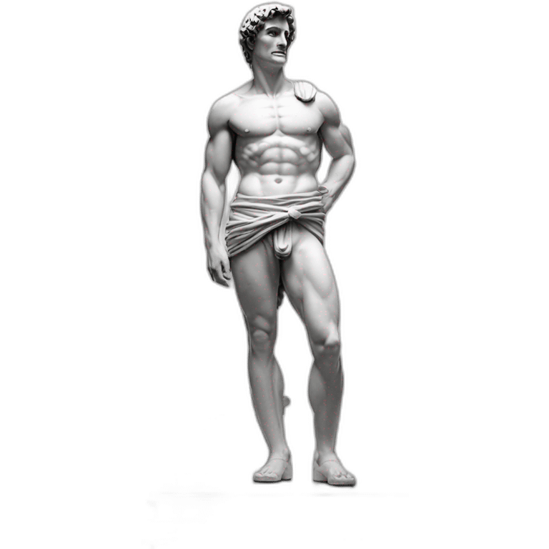 estátua dos pés a cabeça de um homem musculoso igual a Roma antiga. Mármore branco. Sem roupas. O bico do peito está em destaque, em seguida a V-Line da cintura. Sem roupa. Nadega de fora. emoji