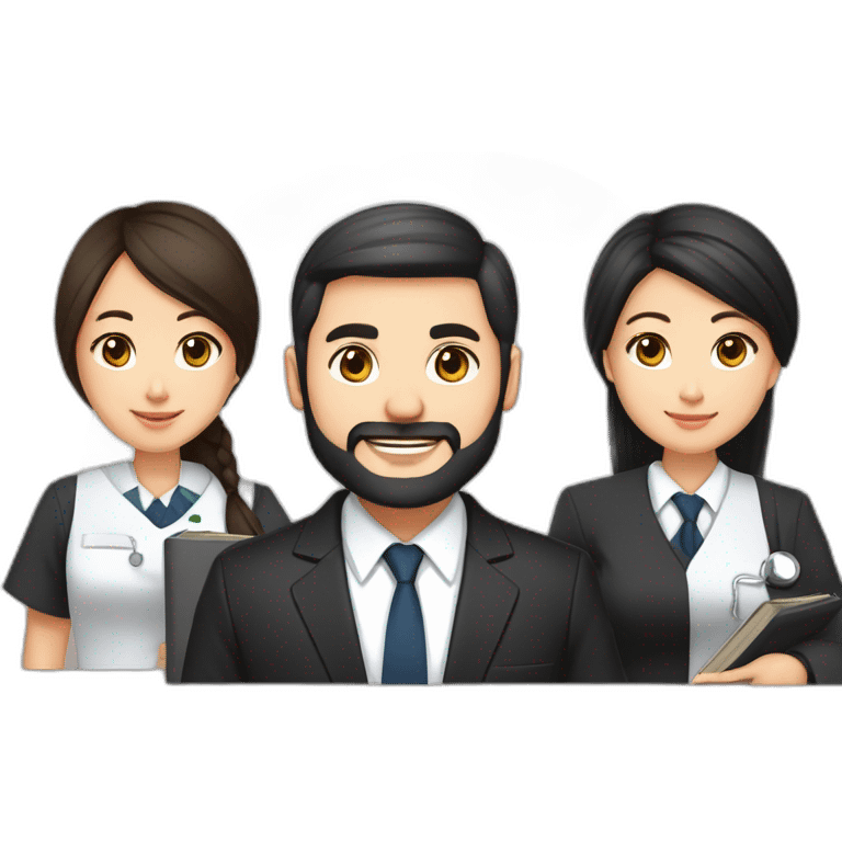 husband age 40 dark brown hair trimmed beard wearing dark business suit holding bible, wife asian age 40 black hair wearing nurse uniform, no children emoji