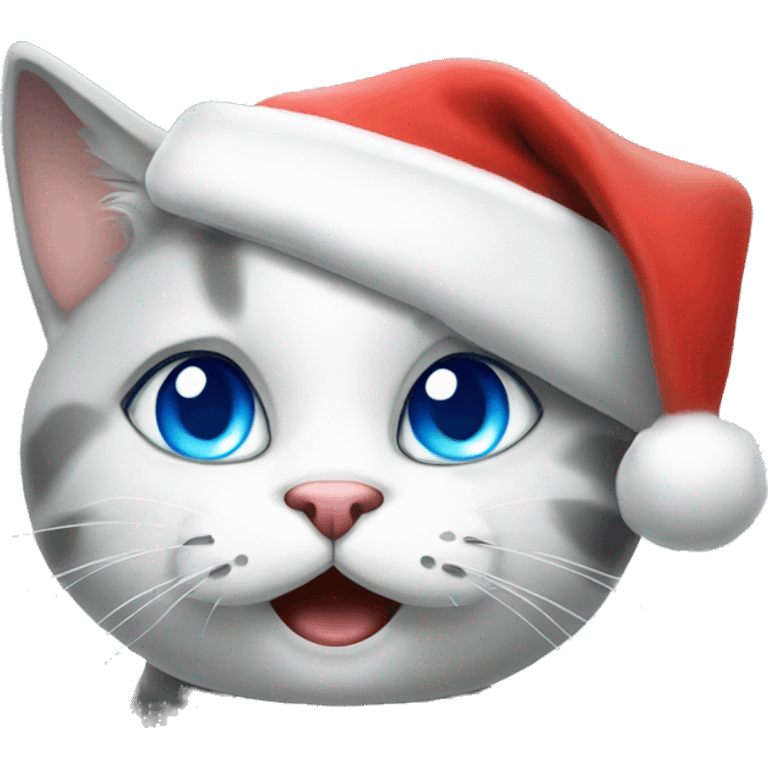 White and grey Cat with blue eyes wearing Santa hat making kissy face emoji