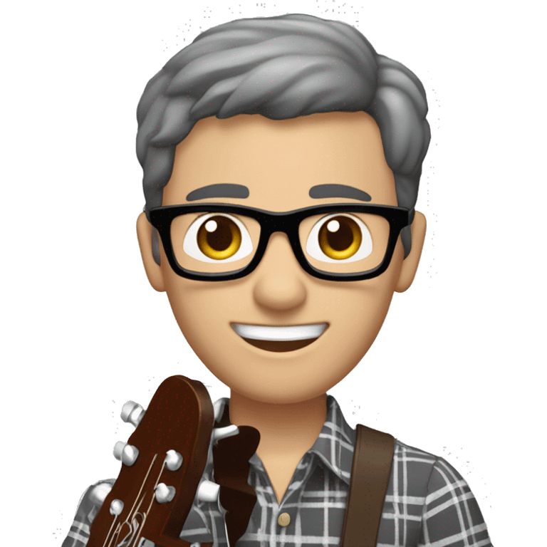 A male music teacher with short grey and brown hair, with very light stubble,  black rectangle glasses, wearing a short sleeve button up patterned shirt, larger muscular body type, playing a guitar emoji