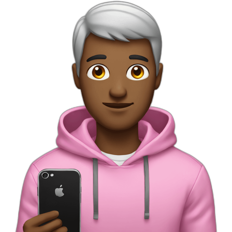 guy with a pink hoodie and black short hair holding an iphone emoji