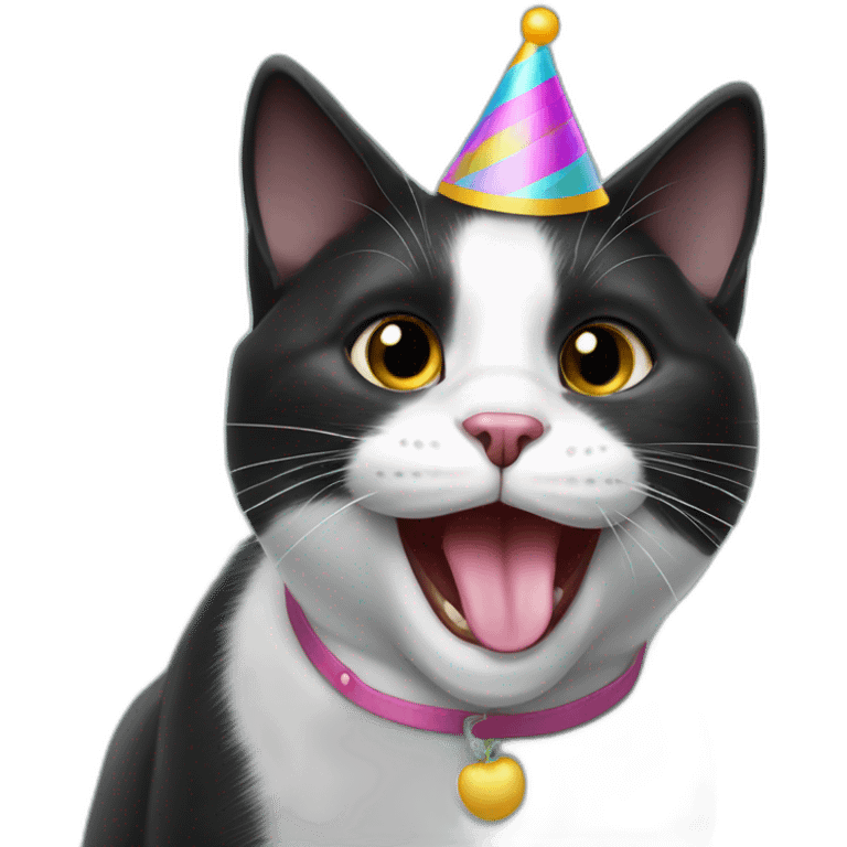 black and white cat (named Marta) being silly, with her tongue out, in a party hat emoji