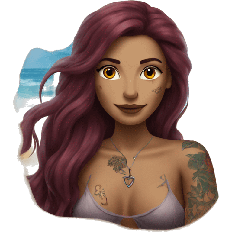 Beautiful tattooed burgundy long haired woman laying on the beach emoji