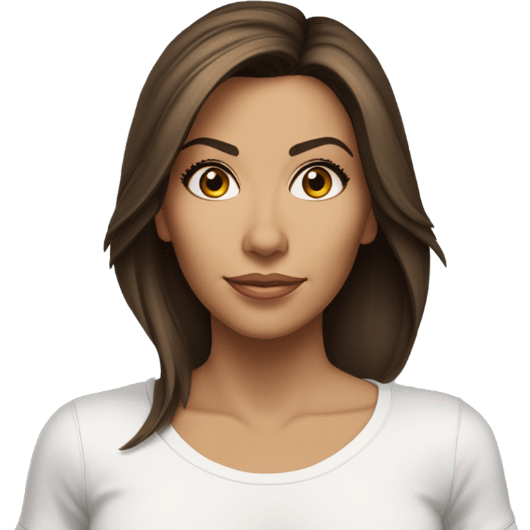 3/4 face, contrasted, shadow, light, Eva Longoria expression, standing from a distance, thin nose, brunette woman, hazel eyes, long eyelashes, dark shoulder shaded hair, white t-shirt, jeans, white sneakers emoji