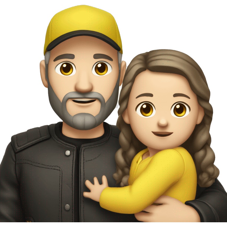 White-skinned slavic man with stubble, gray beard, brown hair, black eyes, black Reebok cap, leather jacket, holding infant girl in yellow dress with yellow bow. emoji