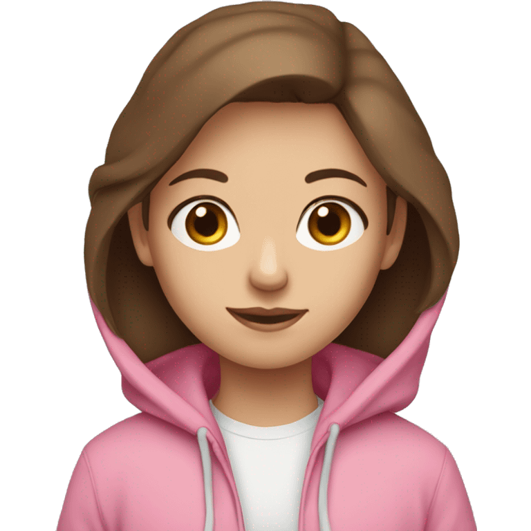 Brown hair blue eyes girl wearing pink hoodie emoji