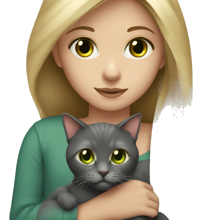 girl with long blonde hair and hazel eyes holding a dark grey cat with green eyes emoji