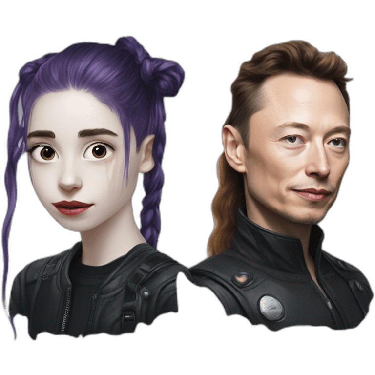 Grimes with milk spray on face, elon musk smirking, duo emoji