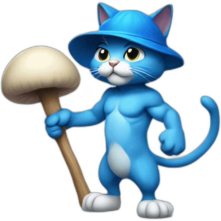 Strong muscles Blue cat NO ears wearing a mushroom cap carrying a stick in one arm standing on two legs emoji