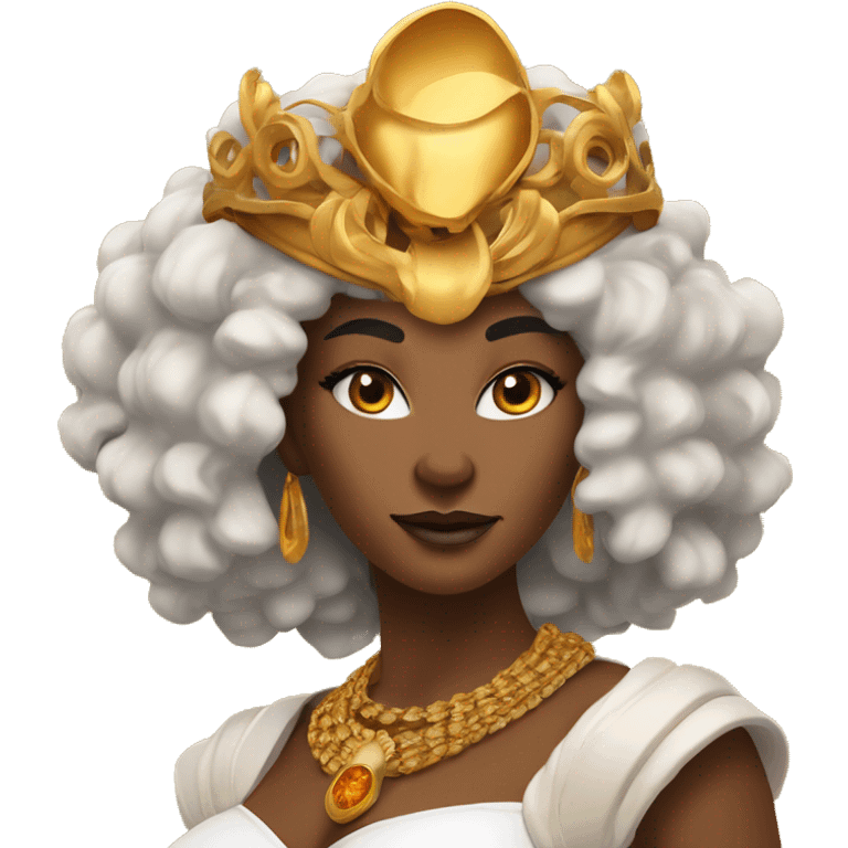 Create an emoji of a confident woman with voluminous lion-like hair, bold makeup, and gold jewelry, embodying the Leo zodiac sign with a regal expression and fiery energy. And a headgear of Leo sign emoji